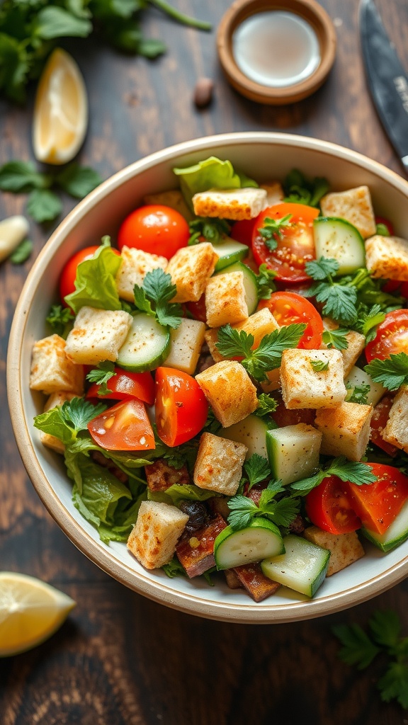 A vibrant Fattoush Salad with lettuce, tomatoes, cucumbers, herbs, and toasted pita, drizzled with lemon dressing, on a rustic table.
